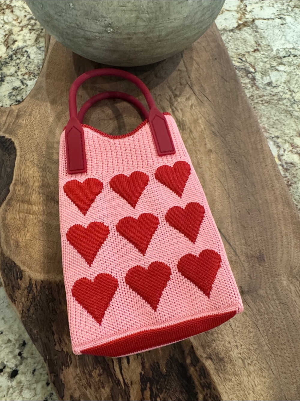Pink and Red Heart Knit Tote Bag